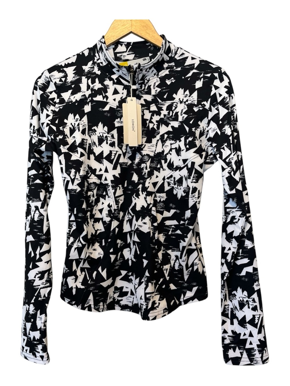 Lomon Athletic Black & White Geometric Zip-Front Long Sleeve Women's Top size L